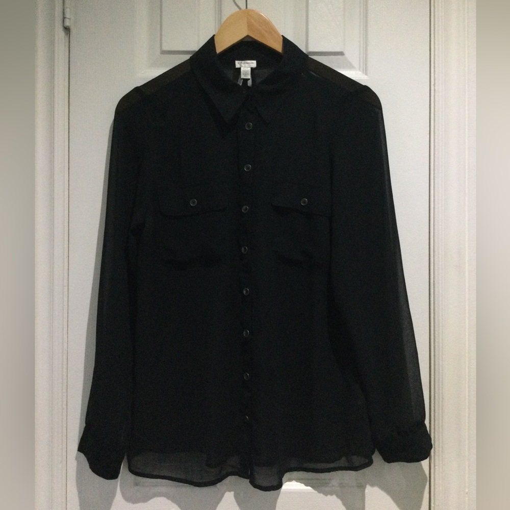Dynamite Women’s Black Chest Pockets Sheer Button-Up Blouse